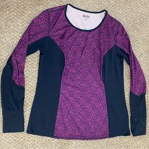 Lands End Sport Women’s Medium LS Purple Patterned Navy Fitted Sun Shirt EUC
